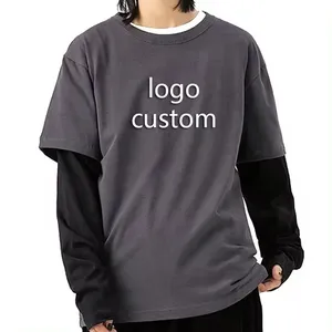 Custom Oversized 100% Cotton 2 In 1 Tshirt Men Vintage Heavy Weight Shirt Double Layered Long Sleeve T Shirt