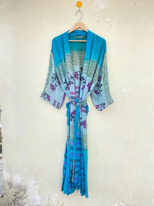 Indian Handmade Vintage Silk Sari Kimono Sleep <b>Robe</b> High-quality V-neck Drawstring Closure Quick <b>Dry</b> Breathable Soft Smooth Free - Product Image 3