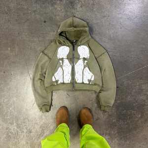 เสื้อครอปมีฮู้ดกระเป๋าข้างดีไซน์ตามสั่งปักลายดอกไม้มีฮู้ดแบบสั้นสำหรับผู้ชายสีซีดแดด - Product Image 2