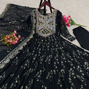 ผ้าจอร์เจียเทียมพร้อมงานปักขนาดใหญ่พร้อมแขนเต็มและความยาว3เมตรพร้อมใส่ถ้วยที่แนบมา - Product Image 1