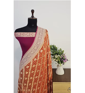 Sari de Seda Chiffon Georgette Banarasi Khaddi 100% Puro y Auténtico, con un Lujoso Drapeado y Trabajo Intrincado de Zari, Tradicional para Fiestas de Banaras - Product Image 2