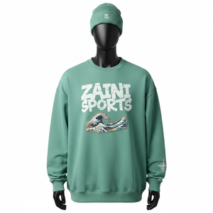 Sweat-shirt oversize pour homme en molleton de coton premium 320 GSM, toucher doux, vert sauge, imprimé en relief, logo chenille, sweat-shirts basiques - Product Image 1