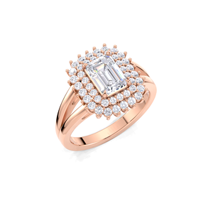 IGI Certified Emerald Cut Lab Grown Diamond Double Halo <b>Split</b> Shank Engagement-Wedding <b>Ring</b> in 9K Yellow / White & Rose Gold - Product Image 2