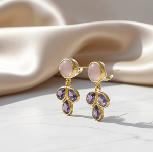 Boucles d'oreilles en calcédoine rose et améthyste bleue, plaqué or 18 carats, argent sterling 925, bijoux ronds et en forme de goutte - Product Image 2