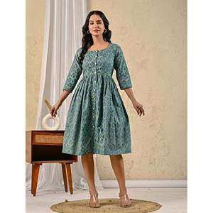 Robe en coton imprimée à la main Green Butta, élégante et décontractée, col carré, longueur genou, boutons sur le devant, respirante, naturelle, ODM - Product Image 5