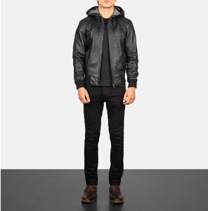 เสื้อแจ็กเก็ตหนังสีดำพร้อมฮู้ดส่งออกและผู้ผลิต - Product Image 6