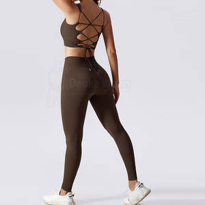 Wholesale Customize Size High Stretch Fitness Wear Custom Polyester Seamless Crewneck <b>Women</b> Yoga Set With Cross Back Loop& Laces - Product Image 2