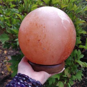 Handmade Smooth round Himalayan Salt <b>Lamp</b> with Carved Love Style <b>Wooden</b> <b>Base</b> Provides Natural Glow and Peaceful Living - Product Image 3