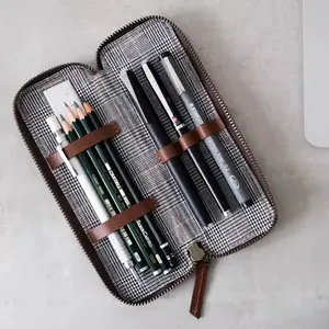 High Quality Genuine Leather Stationery Zipper Case Classic Tan Pencil Pouch Office School