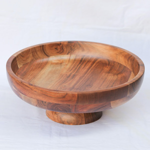 Frutero con acabado pulido natural de madera de acacia impreso hecho a mano, frutero decorativo de la India. - Product Image 5