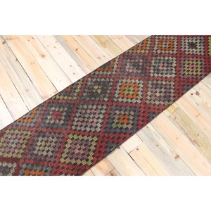 Vintage Turkish Rug, <b>Runner</b> 2.1x10.3 ft (65x315 cm) Rug, <b>Red</b> Geometric Wool Rug - Product Image 2