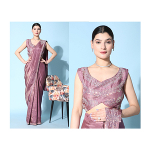 Saree en satin de soie avec bordure en broderie et séquence du fournisseur indien Unique Designer Wedding and Party Wear - Product Image 1