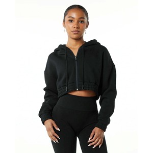 Sudadera corta con capucha para mujer, 55% algodón, 45% Spandex, estilo de hombro con caída, talla grande, color negro, con cremallera - Product Image 1