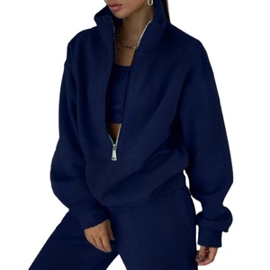 Femmes Logo personnalisé 2025 Sports d'hiver décontracté polaire survêtement longue longueur survêtement ensemble demi fermeture éclair à capuche col rond tissu gaufré - Product Image 3