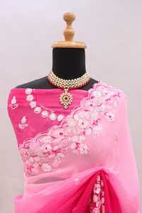 Traditionnel indien élégant Bollywood Designer rose-couleur broderie mariée Georgette Sari dernière mode Look ethnique tenue de fête - Product Image 5