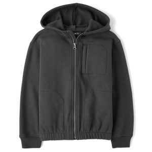 Sweat à capuche zippé utilitaire en polaire pour enfants de Childrens Place, MOTOROIL/ROASTED NUTS, manches longues, poignets élastiqués, extérieur - Product Image 1