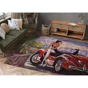 Alfombra con Pintura de Chica con Auto Rojo, Alfombra de Mujer, Alfombra de Regalo para Amantes de los Gatos, Alfombra Delgada No Tejida - Product Image 1