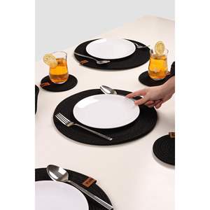 American Luxury Service 6-Piece Jute Placemat Bridal Set Knitted Plate <b>Coasters</b> Serving Plate Grey/<b>Black</b> Elegant Place Mats - Product Image 1