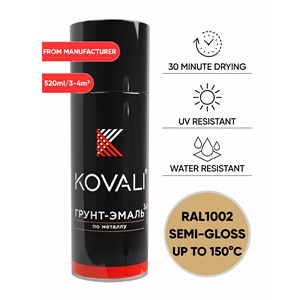 KOVALI 3 en 1 Aérosol Spray Apprêt Émail Protection Anti-Rouille et Anti-Corrosion Métal Bois Semi-Brillant Jaune Sable RAL 1002 520ml - Product Image 1