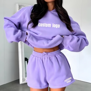 Nouveaux shorts et sweats à capuche pour femmes à la mode surdimensionnés confortables 100% coton grande taille logo personnalisé conception ensemble 2 pièces pour femmes - Product Image 4