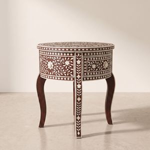 Mesa de Noche de 1 Cajón con Incrustaciones de Hueso, Hecha a Mano, Personalizada, Ecológica, Diseño Moderno, Mueble de Madera Sólida para Sala de Estar - Product Image 3