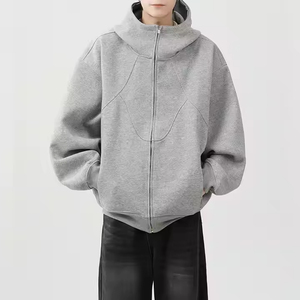 Customized logo Grey Stitching Zipper Hoodie Side Pocket New Design French Terry Hoodie Heavyweight Long Sleeve Windproof Hoodie - Product Image 1