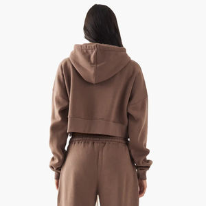 Custom Made Loose Fit <b>Crop</b> Top <b>Zip</b> <b>Up</b> 100% Cotton French Terry women's hoodies Long Drawstrings Solid Color Breathable <b>Hoodie</b> - Product Image 3