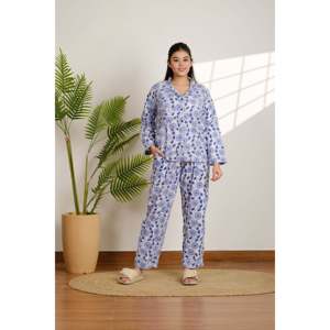 Conjunto de Pijama de Algodón Floral para Mujer, Suave y Transpirable, Cintura Elástica con Botones, Tejido con Spandex, Térmico para Invierno, Uso en Casa, para Verano y Otoño - Product Image 2