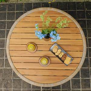 Xiorese Adjustable Height Modern Round Teak Wood <b>Coffee</b> <b>Table</b> with Rope Wrapping for Outdoor Patio <b>Garden</b> Living Room Furniture - Product Image 4