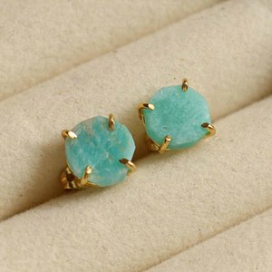 8-10mm Raw Amazonite Stone Gold Plated Prong Set <b>Stud</b> <b>Earrings</b> Handmade Birthstone Dainty Minimalist Jewelry for Women - Product Image 1