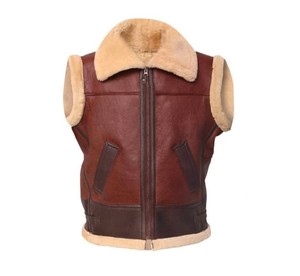 Veste de motard en cuir véritable pour homme, confortable, respirante, sans manches, décontractée, doublée en sherpa, col montant, unie, pour l'hiver - Product Image 1