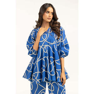 Ensemble coordonné pour femme, imprimé bleu ondulé, style décontracté, hauts à manches trois-quarts, pantalon ample en crêpe modal pour le printemps/été - Product Image 2