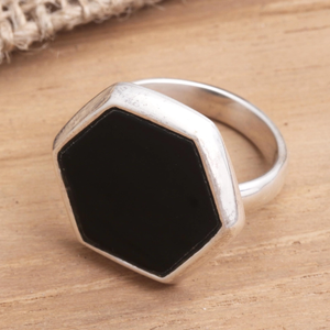 Anillo de bodas de plata de ley 925 bohemio unisex hecho a mano directo natural negro Hexagonal Onyx moda estilo Punk fábrica cristiana - Product Image 3