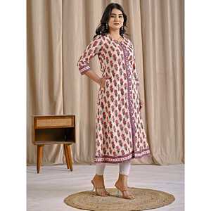 Kurti Aline de Algodón Estampado en Bloques Rosa para Niñas/Señoras, Última Moda Étnica India, Prenda Cosida para Uso Diario y Ocasiones Especiales, Estilo Butti - Product Image 6