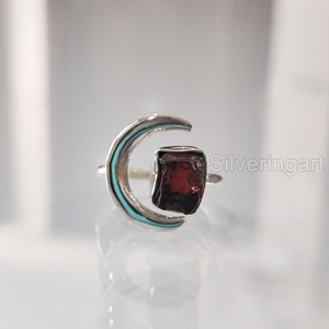 Rough Stone Jewelry Women's Ring Natural Garnet Gemstone January Birthstone Crescent Moon <b>Valentine</b> 925 Sterling Silver Ring - Product Image 3