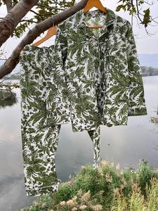 Ensemble de pyjama indien 100% coton fait à la main de style luxe imprimé feuille chemise décontractée pantalon vêtements de nuit en tissu tissé pour femmes - Product Image 6