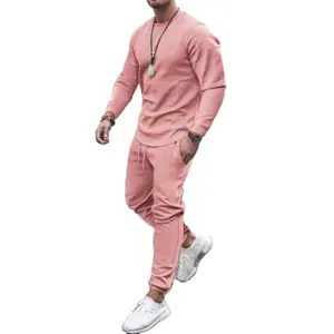 Chándal rosa de talla grande para hombre, sudadera con logotipo personalizado, manga de Color sólido, ropa deportiva informal, chándal de poliéster, venta al por mayor
