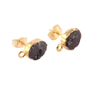 New arrival natural raw garnet gold electroplated stud earrings connector fine january birthstone stud connector finding jewelry