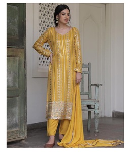 Costume de créateur Salwar Kameez tripal sequunce, vêtements indiens de travail et dupata, filet en soie, vêtements pour femmes - Product Image 1