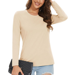 Camiseta de algodón de color sólido para mujer, camiseta de manga larga de color sólido con cuello personalizado, camiseta transpirable de talla grande para mujer - Product Image 5