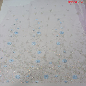 반짝이는 반짝이 인어 장식 조각 나비 패턴 3D 거즈 꽃 라인 스톤 드릴 화이트 메쉬 얇은 명주 그물 레이스 원단 도매 - Product Image 2