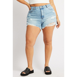 Pantalones cortos vaqueros relajados para mujer al por mayor, pantalones cortos de tiro alto desgastados con cremallera y talla grande, pantalones cortos transpirables informales no elásticos para mujer - Product Image 2