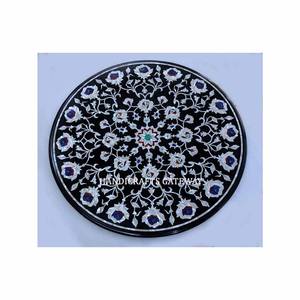 Exclusif marbre noir nacre pur fait à la main incrustation florale travail forme ronde dessus de table pour la décoration de la maison et du restaurant - Product Image 1