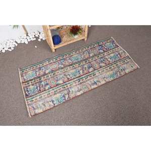 Classic Blue Beige Handmade Vintage Turkish Wool <b>Rug</b> 2 X 4.3ft Rectangular Patchwork <b>Abstract</b> Hallway Pattern for Living Latex - Product Image 2