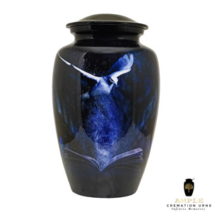 Urna Funeraria Ecológica de Estilo Americano con Diseño de Pájaro Azul y Blanco Brillante para Cenizas Humanas con Capacidad de 220 Pulgadas Cúbicas - Product Image 1