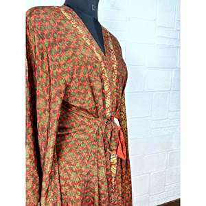 Recycled Vintage Silk Sari <b>Robe</b> Floral Print Boho House Kimono Dressing Gown <b>Beach</b> Coverup Anniversary Gift for Her Swimsuit - Product Image 5