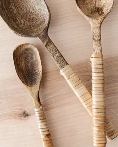 Handcrafted Mango <b>Wood</b> <b>Spoon</b> <b>Set</b> with Rattan Wrapped Handles Eco Friendly Kitchen Utensil Serving <b>Spoons</b> - Product Image 4