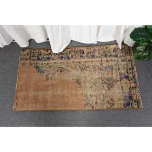 Vintage Brown & Green <b>Turkish</b> <b>Rug</b> 2 X 3.5ft Wool Flat Weave Patchwork Pattern Living Room Carpet Latex Backing for Decorations - Product Image 1