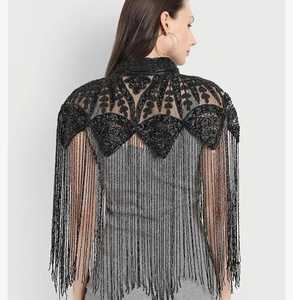 Elegant Beaded Sequined Burlesque Cape with Beautiful <b>Back</b> Embroidery Fastens Neck Straight for Festive Club Occasions - Product Image 2