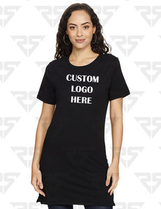 T-shirt long en coton coupe décontractée pour femmes OEM T-shirts à col en V imprimés et brodés avec logo personnalisé pour femmes - Product Image 6